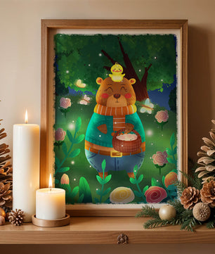 Charming bear in a colorful garden with flowers and fireflies