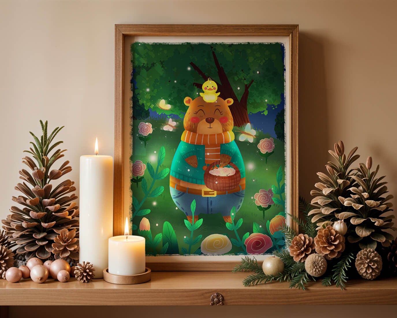 Charming bear in a colorful garden with flowers and fireflies