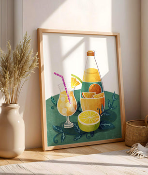 Ilustración colorida de bebidas cítricas con botella y vaso