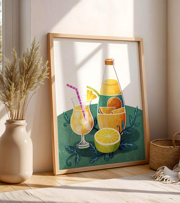 Colorful illustration of citrus drinks with bottle and glass
