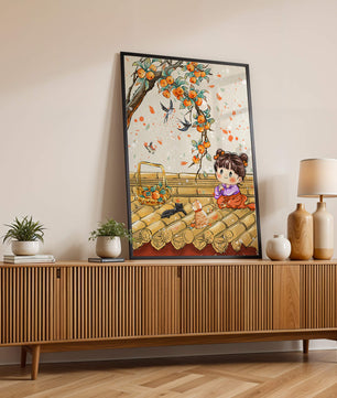 Charming illustration of a child with cats on a rooftop beneath a fruit tree