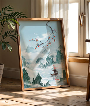 Chinese Landscape with Cherry Blossoms and Boat in Misty Mountains - Mi tienda
