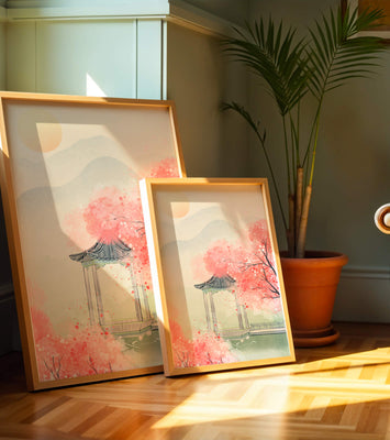 Serene landscape with cherry blossoms and traditional gazebo