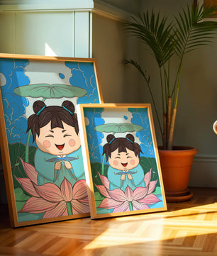 Whimsical illustration of a joyful child with lotus and umbrella