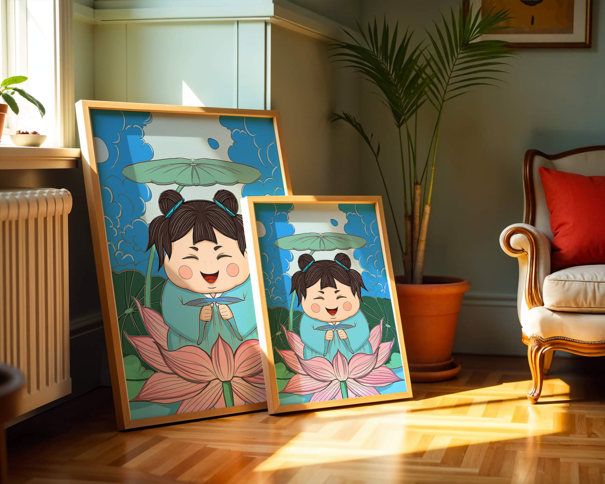 Whimsical illustration of a joyful child with lotus and umbrella
