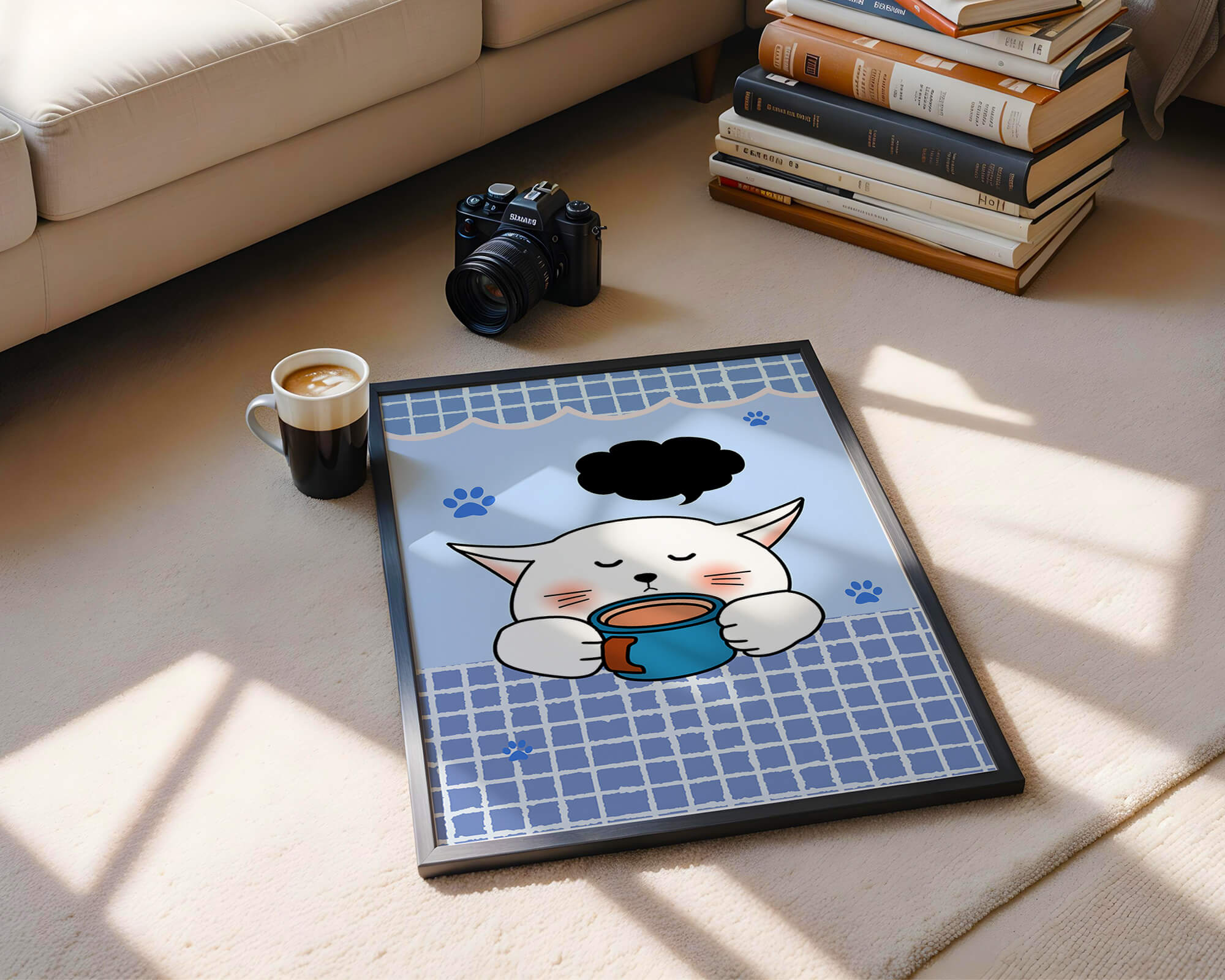 Cute cartoon cat with mug and speech bubble on blue background