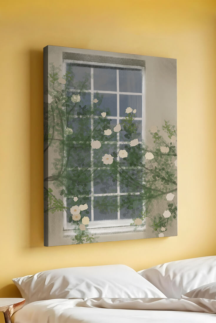 Floral Window with Climbing Roses in a Tranquil Setting