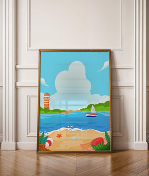 Escena costera de playa con faro y velero bajo un cielo azul claro