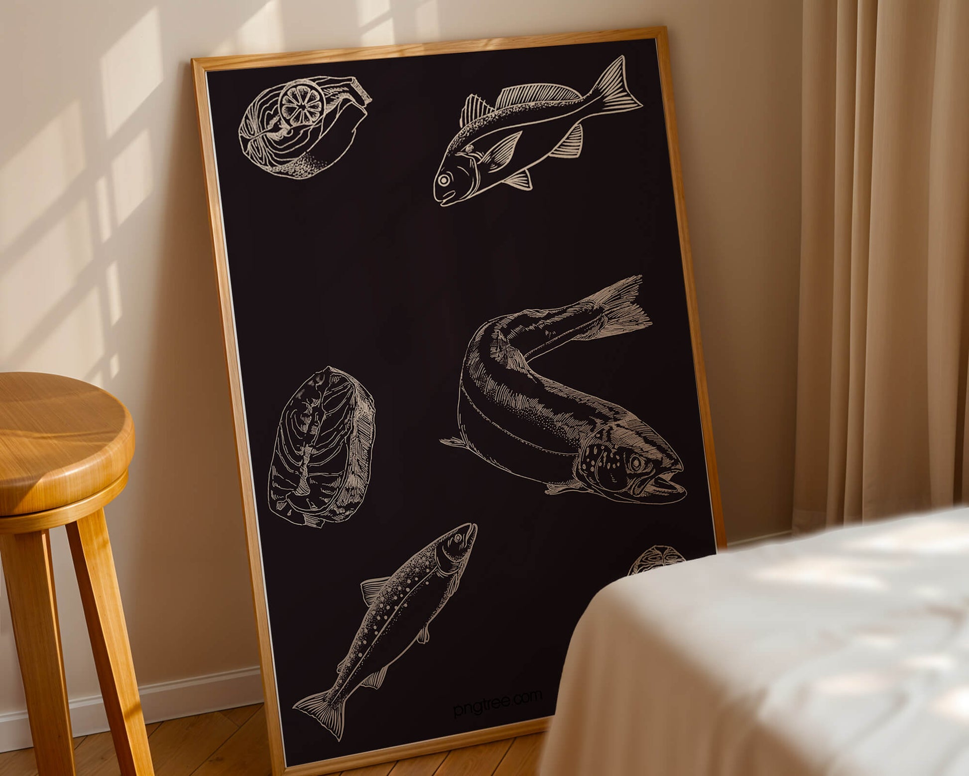 Detailed illustration of fish and seafood elements on dark background