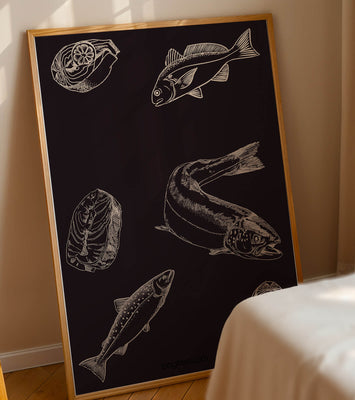 Detailed illustration of fish and seafood elements on dark background
