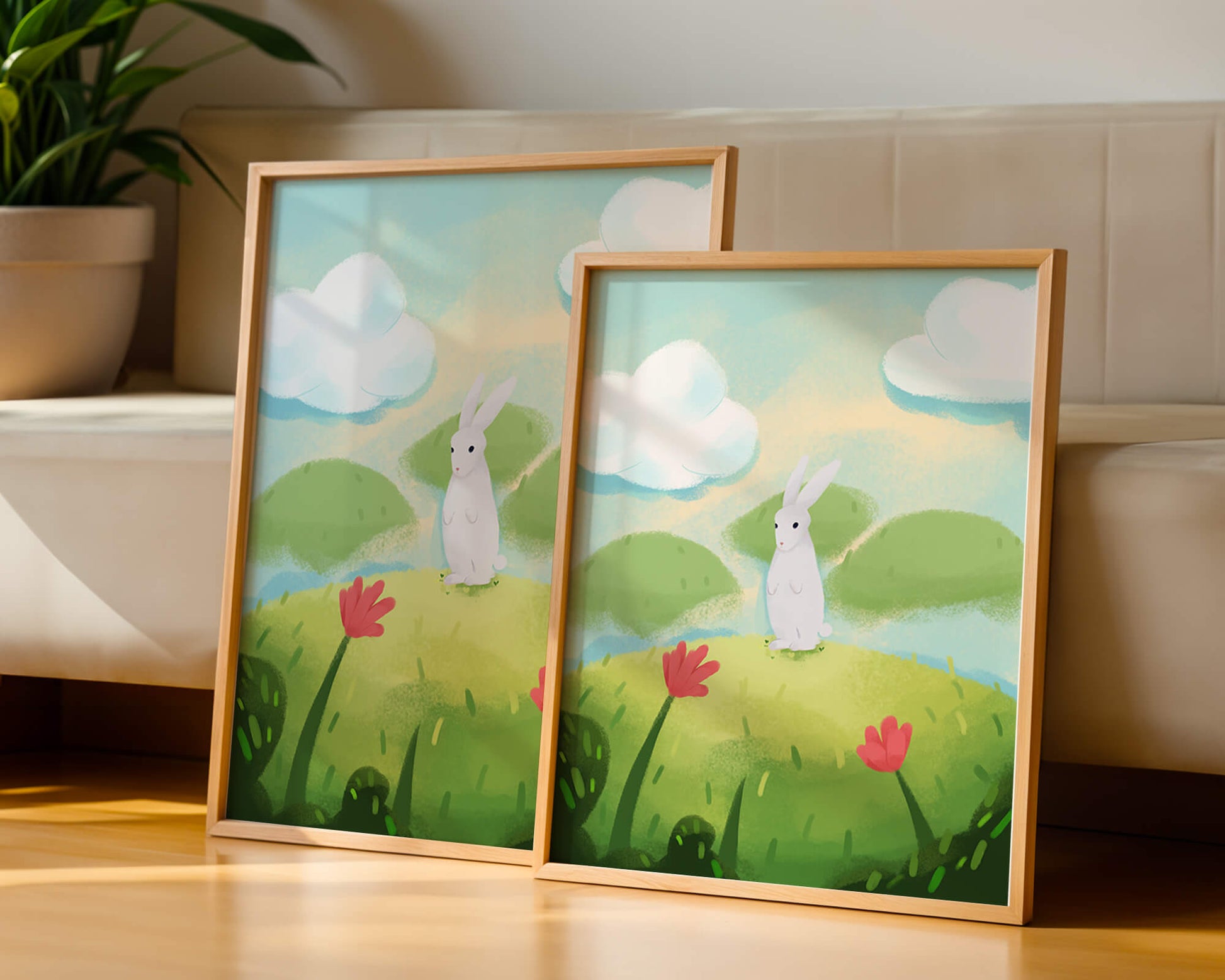 Whimsical landscape with rabbit and colorful flowers