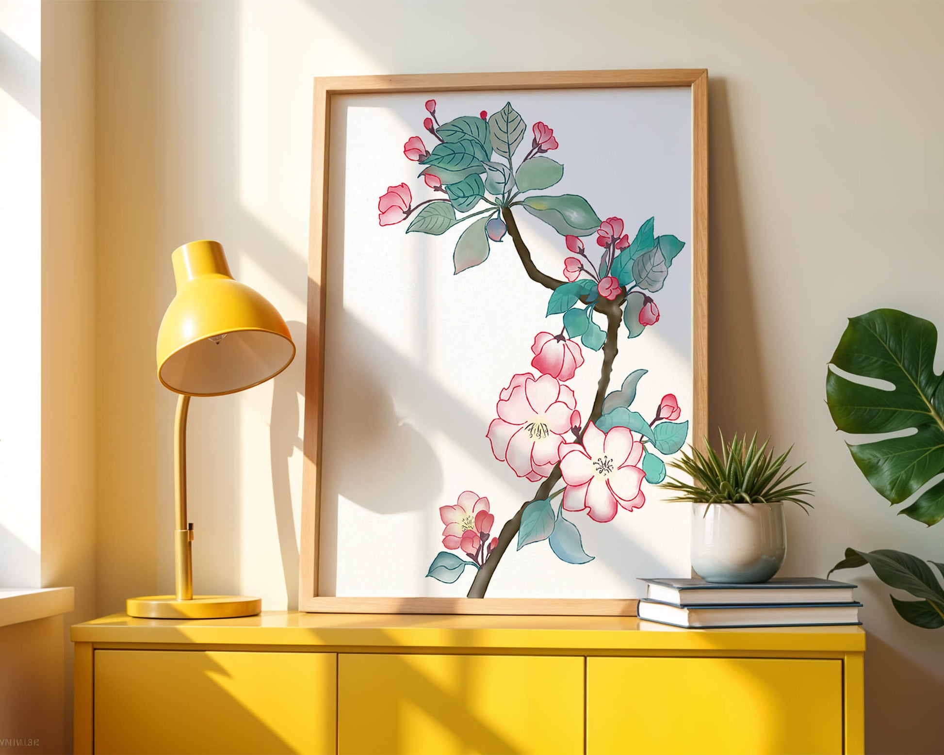 Rama delicada de cerezo en flor a la acuarela con hojas y flores vibrantes
