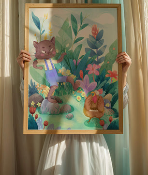 Playful Cat and Chicken in Vibrant Forest Scene Illustration