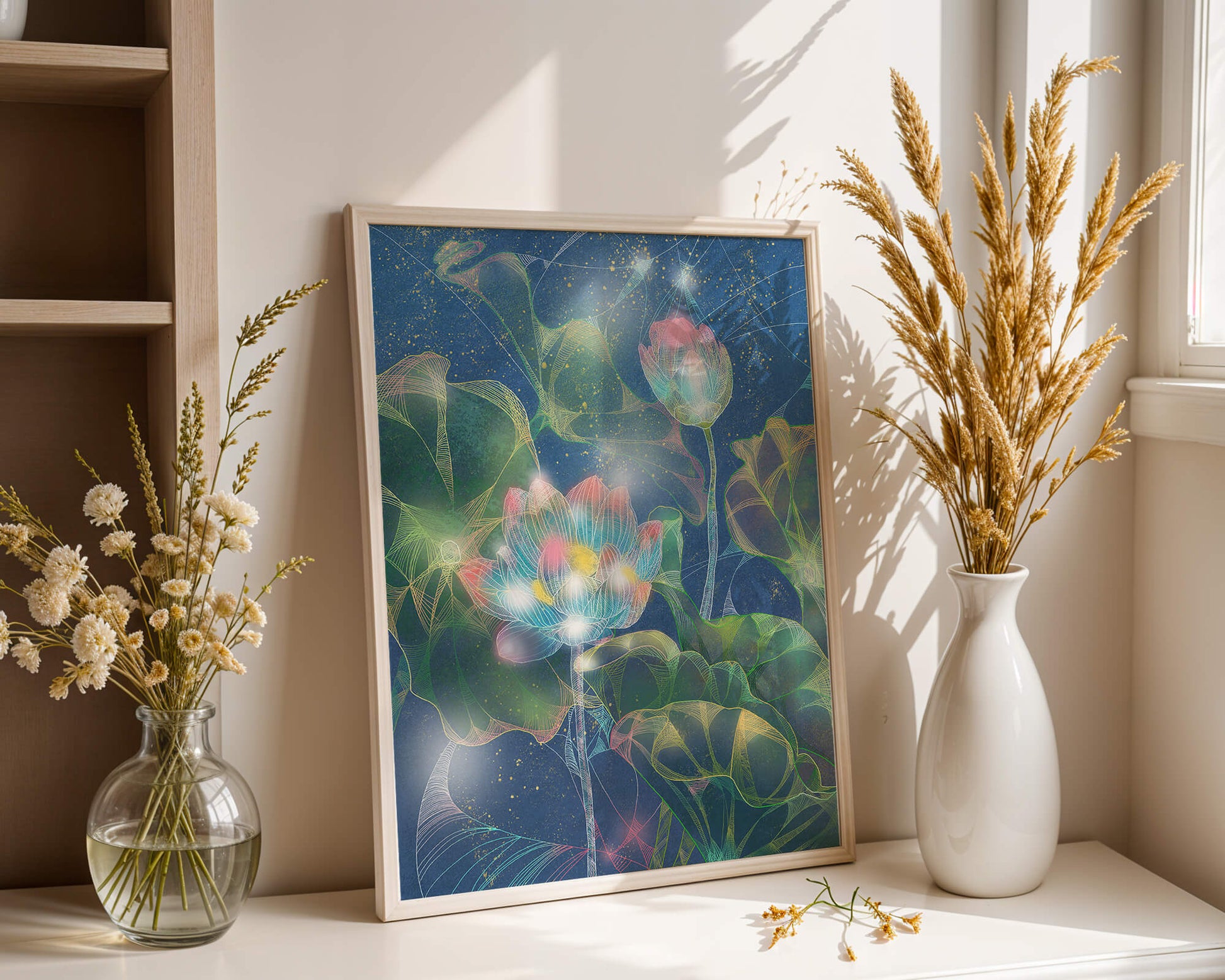 Bunte Lotusblumen mit abstraktem kosmischen Hintergrund