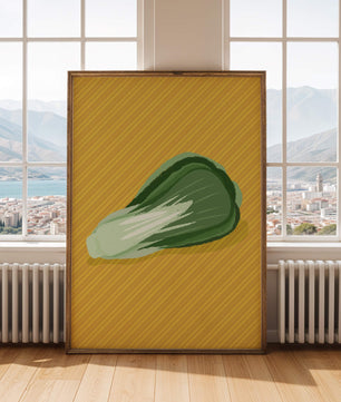 Illustrated bok choy on vibrant yellow background with stripes