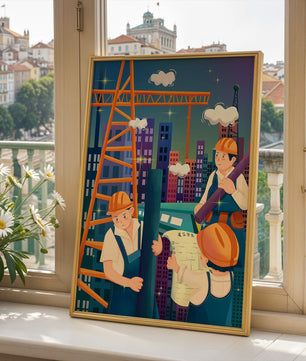 Illustrated construction workers on a high-rise building site