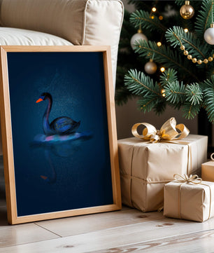 Majestic Black Swan Under Starry Night Sky with Golden Accents - Mi tienda