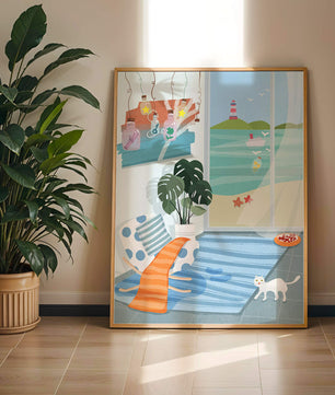 Habitación acogedora con vista al mar y faro a través de la ventana