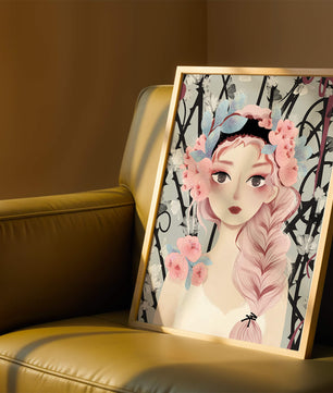 Ilustración caprichosa de una chica con cabello rosa y corona floral