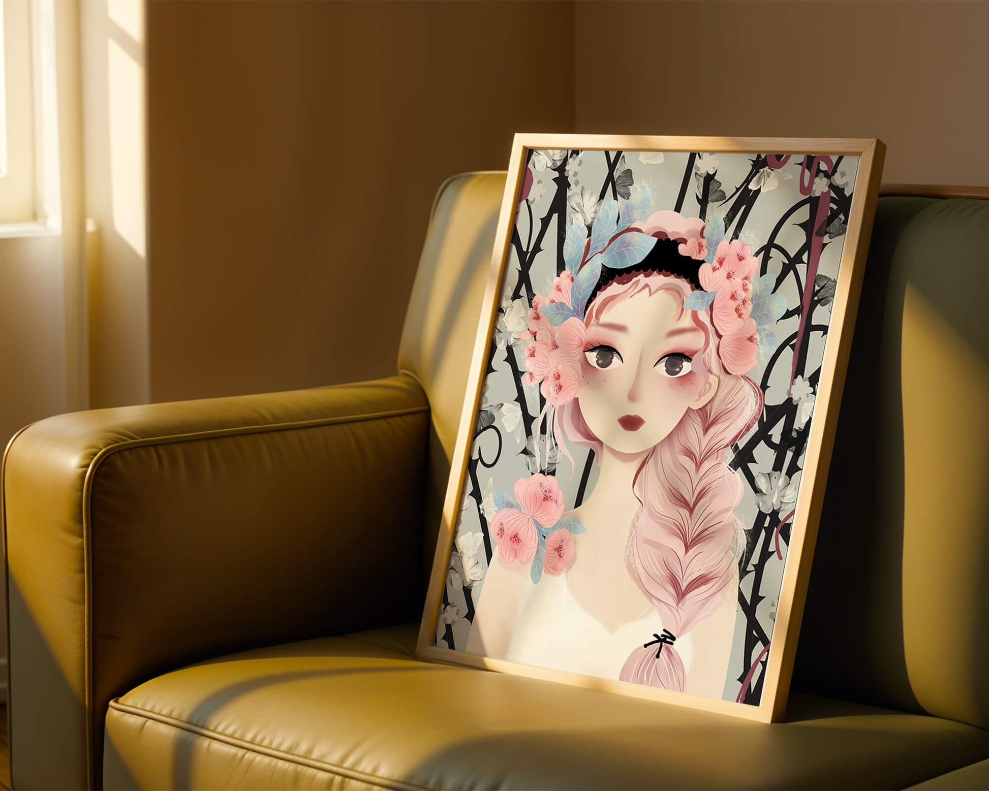 Whimsical illustration of a girl with pink hair and floral crown
