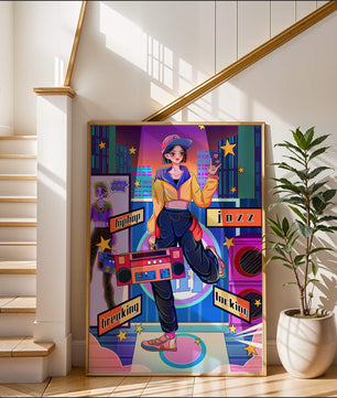 Escena urbana de baile colorida con elementos de hip hop y jazz