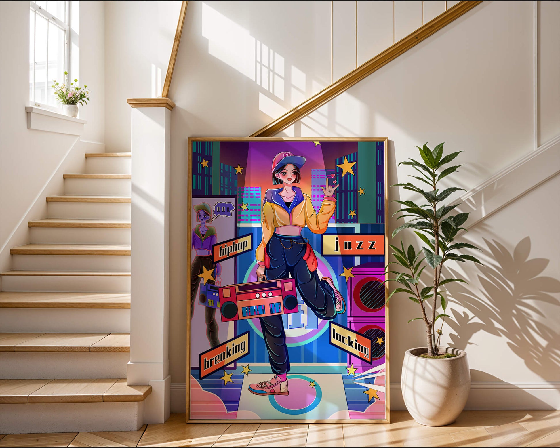 Colorful urban dance scene with hip hop and jazz elements