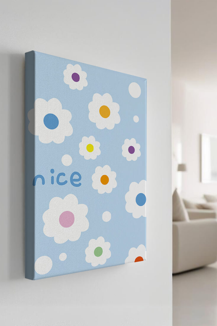 Pastel floral pattern with colorful centers on a blue background
