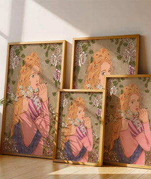 Ilustración floral romántica de una mujer con cabello largo y flores en flor