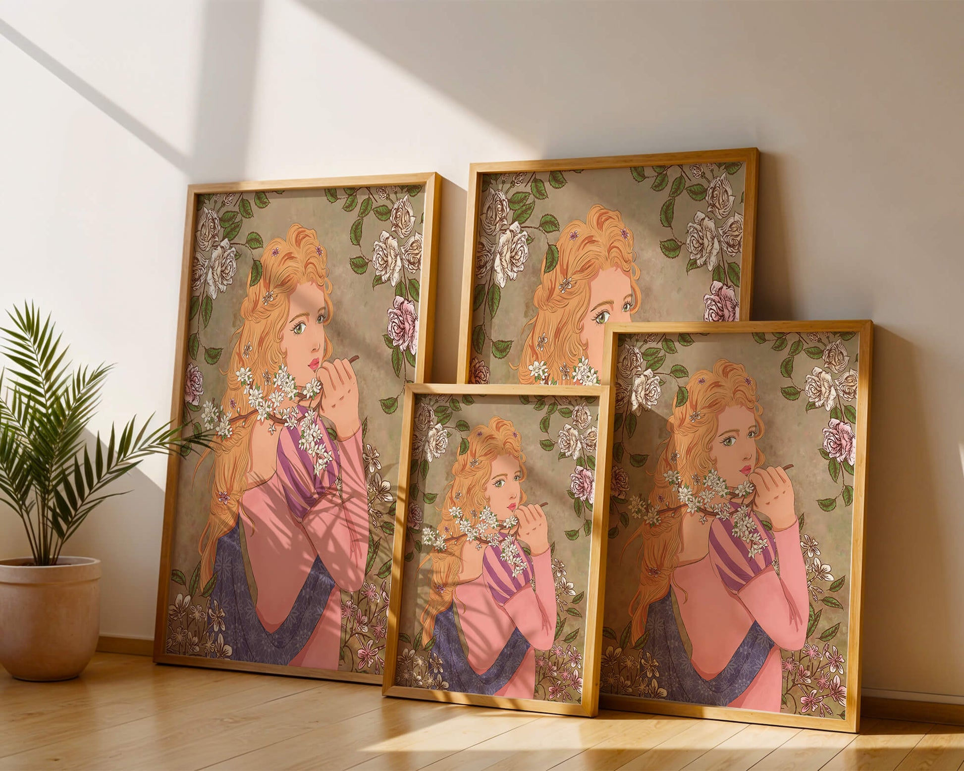 Ilustración floral romántica de una mujer con cabello largo y flores florecientes