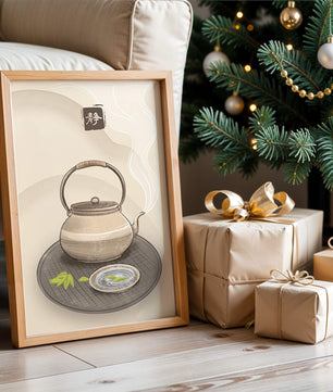 Traditional Japanese teapot with steaming tea and serene setting