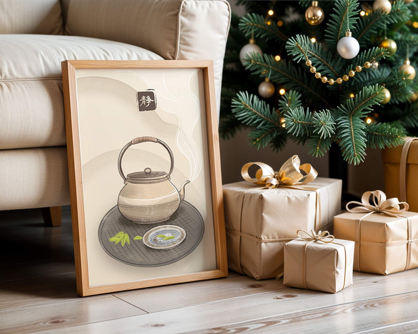 Traditional Japanese teapot with steaming tea and serene setting