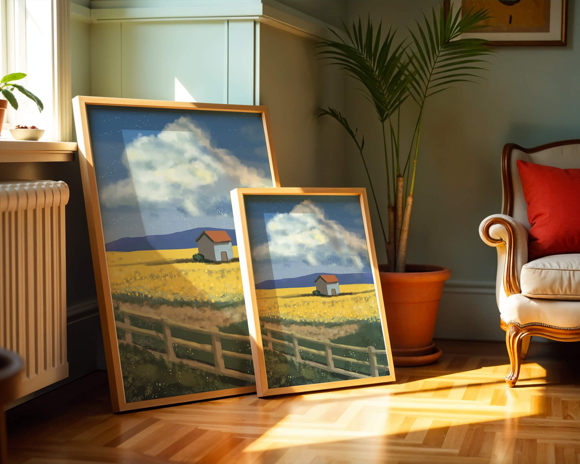 Idyllic rural scene with house and yellow field under blue sky