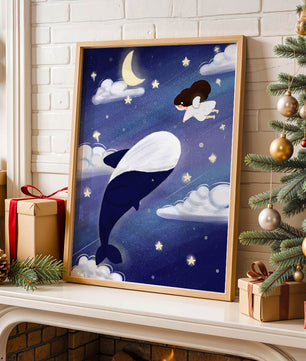 Whimsical night scene with flying angel and whale