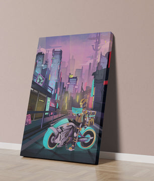 Paisaje urbano futurista cyberpunk con rascacielos iluminados con neón y motociclista