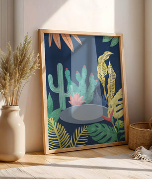 Ilustración botánica colorida con cactus y hojas tropicales