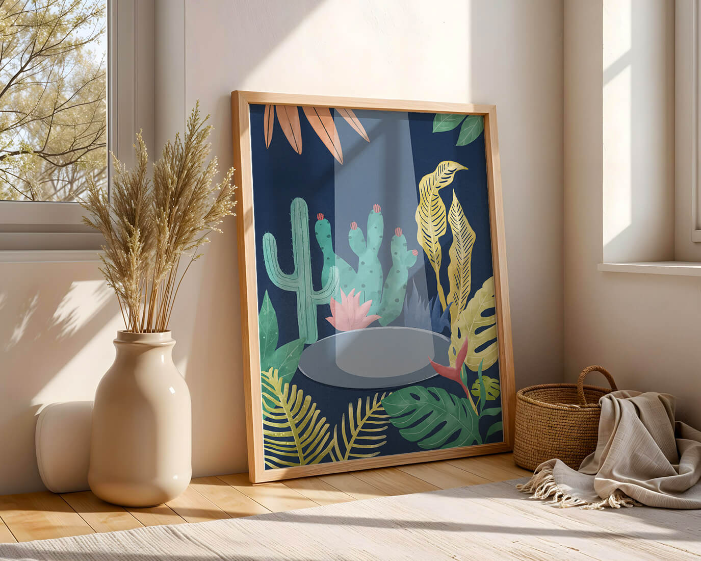 Colorful botanical illustration featuring cacti and tropical leaves