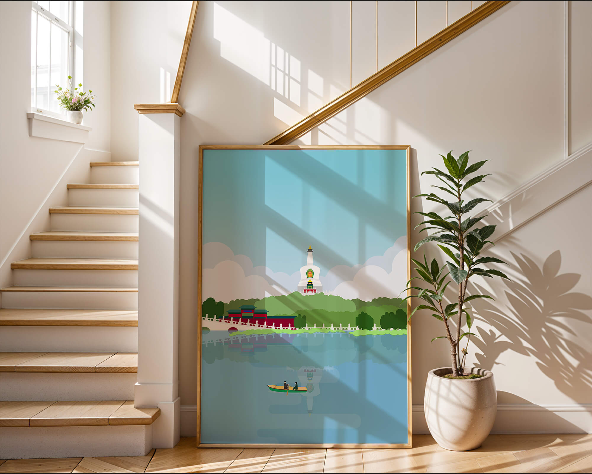 Serene lake scene with pagoda and rowing boat