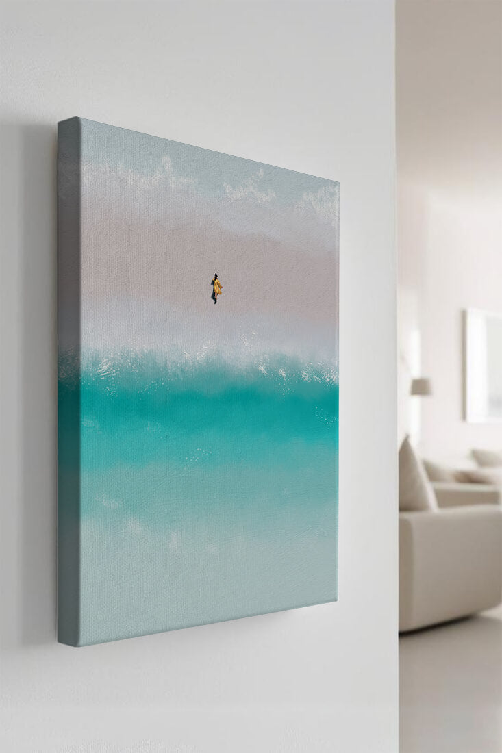 Serene beach with turquoise waves and solitary figure