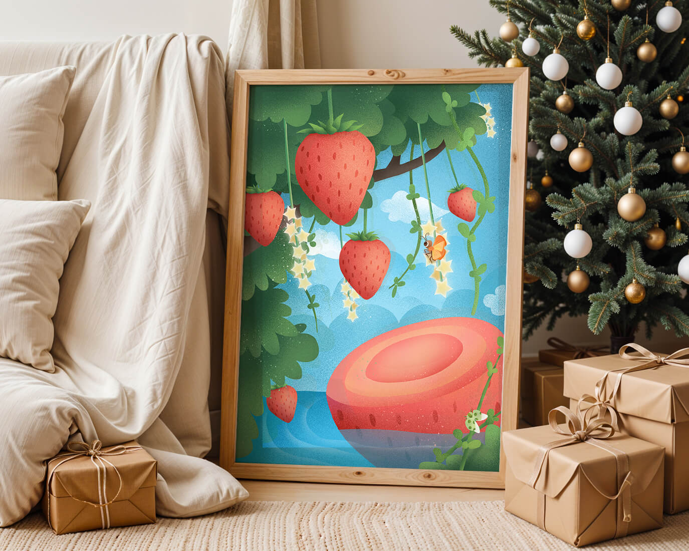 Illustrated strawberries in a whimsical garden setting
