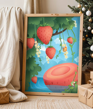 Illustrated strawberries in a whimsical garden setting