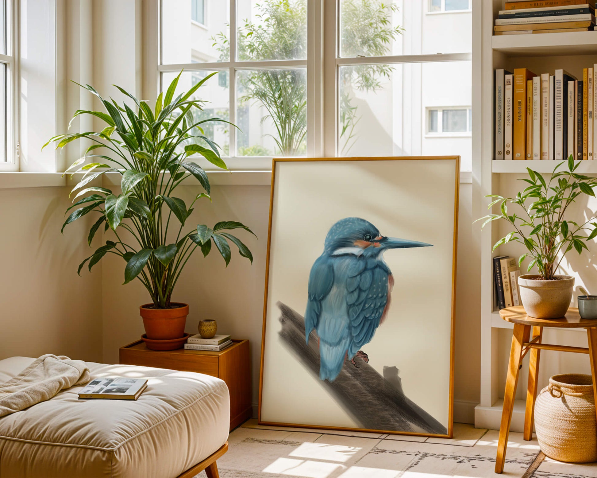 Illustration of a vibrant blue bird on a branch