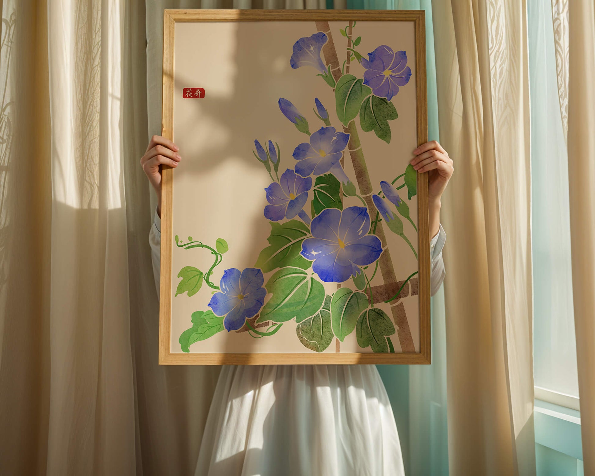 Obra floral delicada con glorias matutinas azules vibrantes