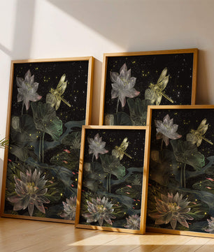 Lotus Flowers and Dragonfly in Nighttime Pond