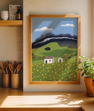 Sunny Landscape with Green Fields and Mountains