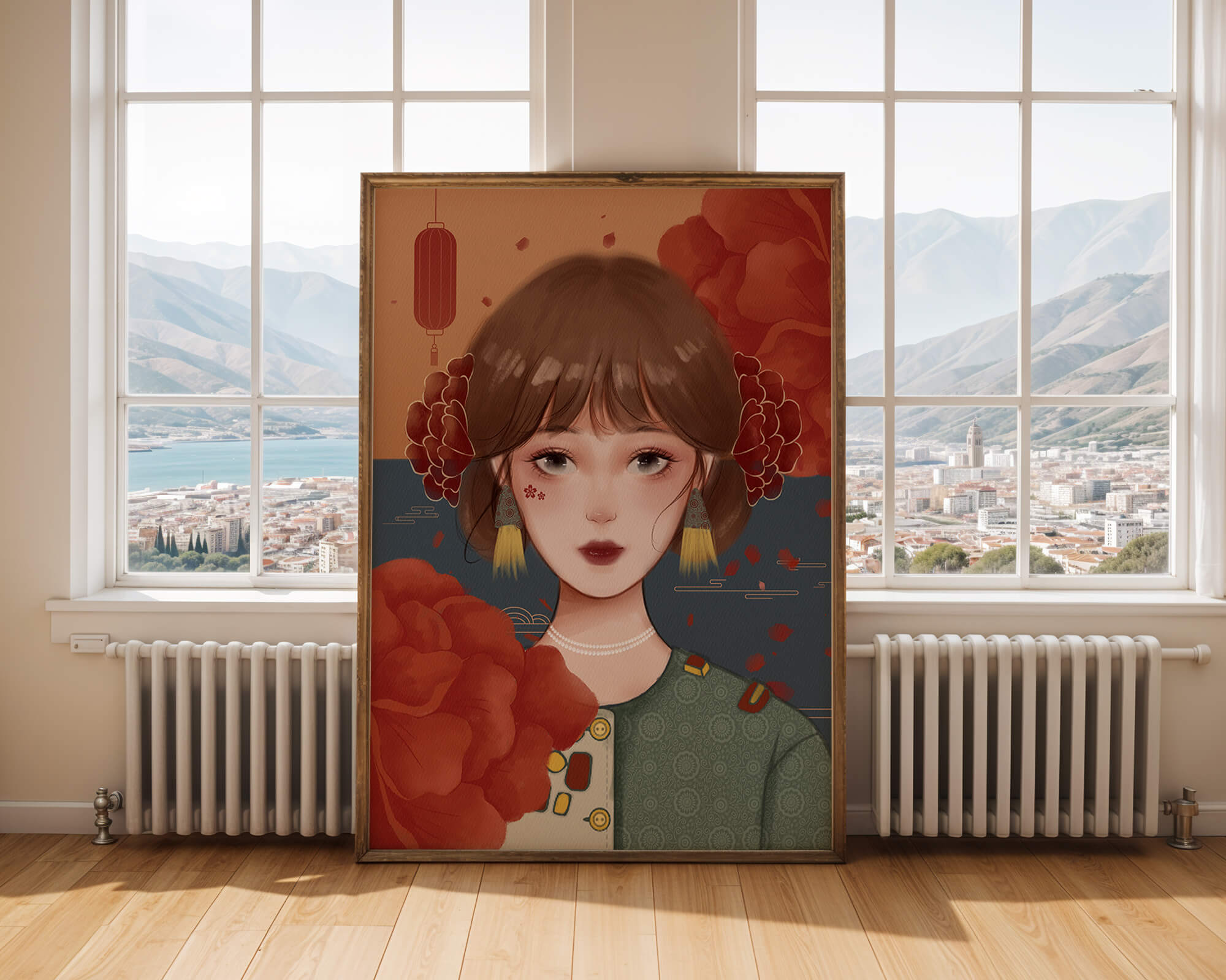 Illustration of a woman adorned with floral elements and traditional accessories