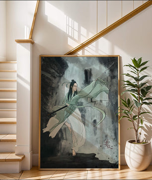 Dynamic illustration of a warrior in flowing robes with a spear