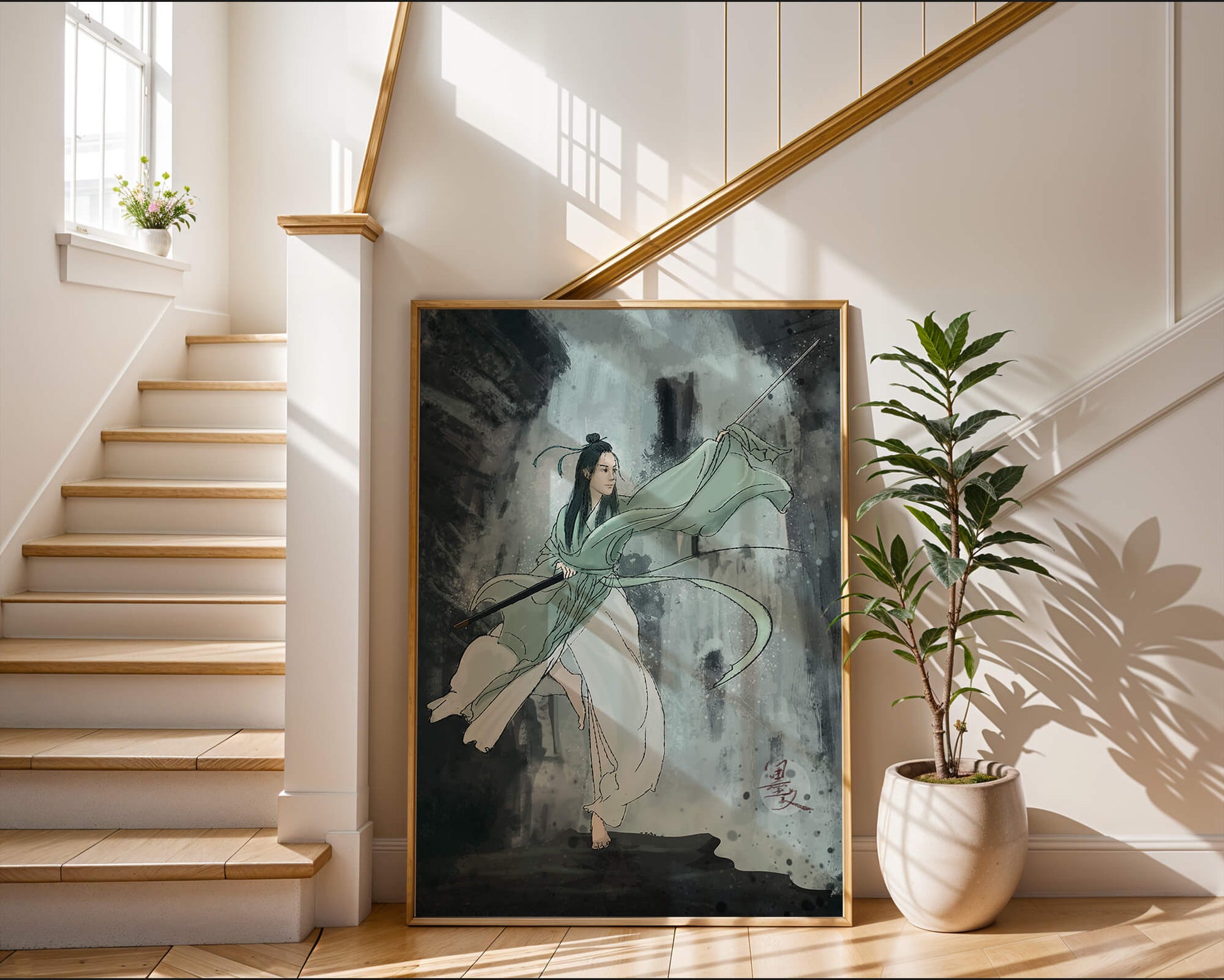 Dynamic illustration of a warrior in flowing robes with a spear