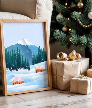 Winter Mountain Landscape with Snowy Cabins and Forest - Mi tienda