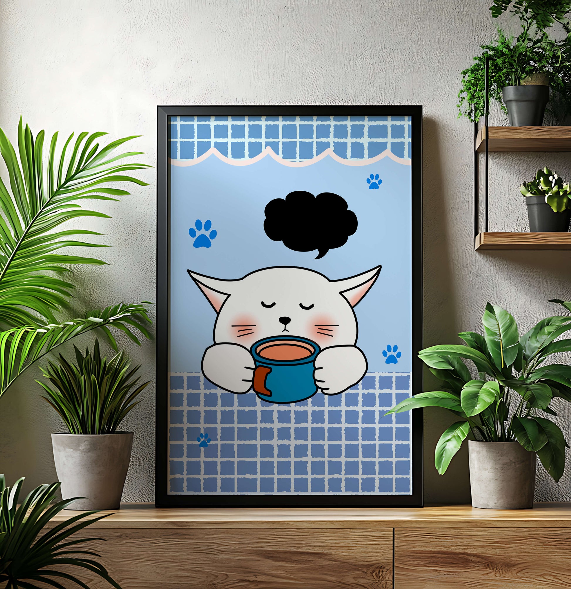 Cute cartoon cat with mug and speech bubble on blue background