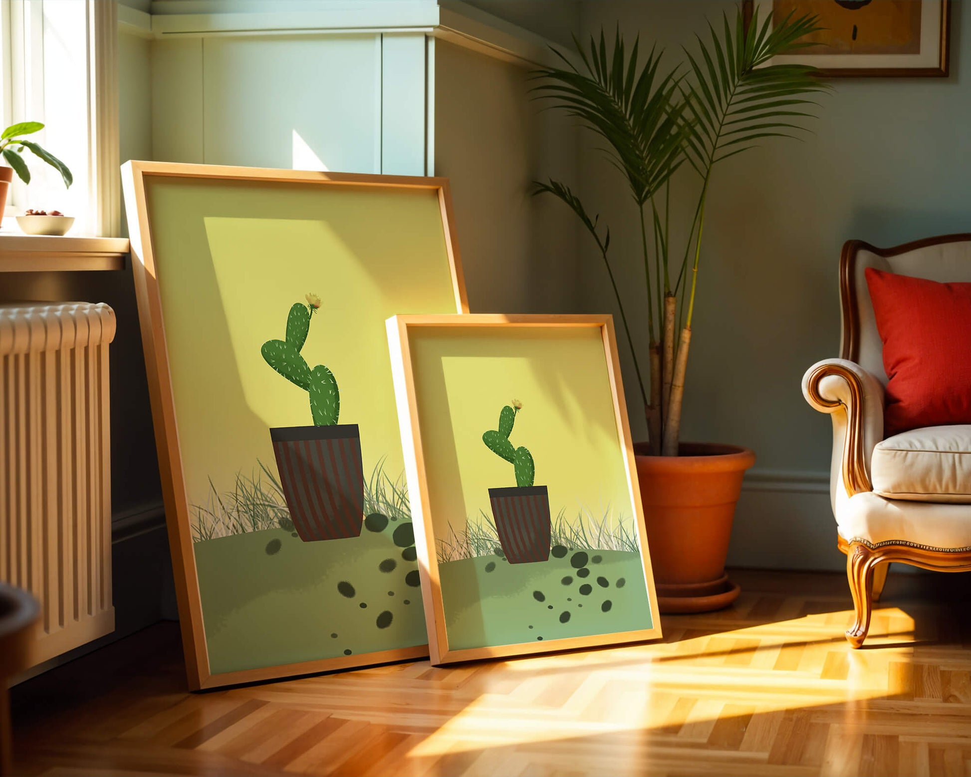 Illustration of a potted cactus with flower on soft background